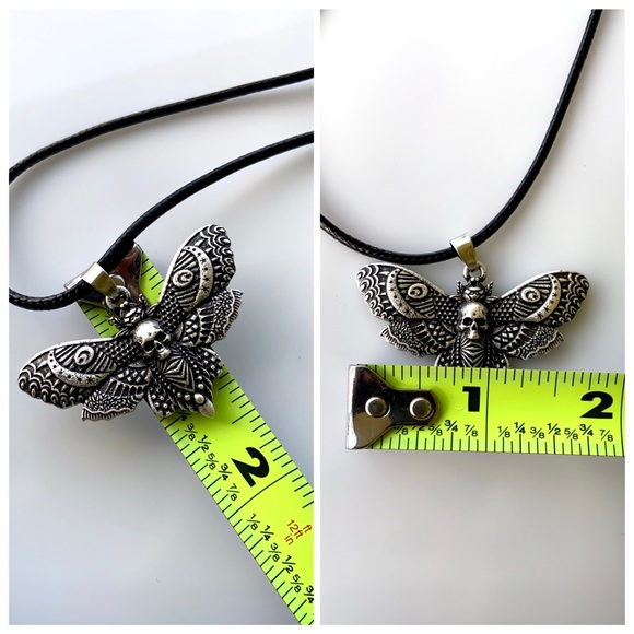 Moth with moon and skull design pewter necklace on leather cord boho goth - Picture 15 of 15